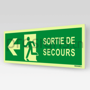 Panneau Photoluminescent / Phosphorescent / ‘Glow-in-the-dark’. PLA270/E001m - Sortie de secours (gauche)