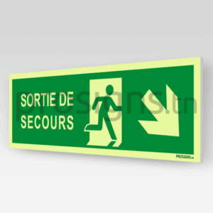 Panneau Photoluminescent / Phosphorescent / ‘Glow-in-the-dark’. PLE002/A135m - Sortie de secours (droite)