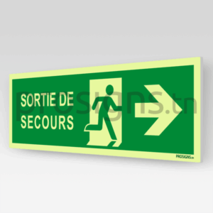 Panneau Photoluminescent / Phosphorescent / ‘Glow-in-the-dark’. PLE002/A90m - Sortie de secours (droite)