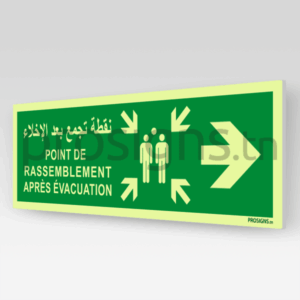 Panneau Photoluminescent / Phosphorescent / ‘Glow-in-the-dark’. PLE007/A90mar - Point de rassemblement après évacuation نقطة تجمع بعد الإخلاء