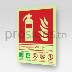 Plaque / Panneau Photoluminescent / Phosphorescent ‘Glow-in-the-dark’. HNFEX042PL – Extincteur classe A-B, mousse